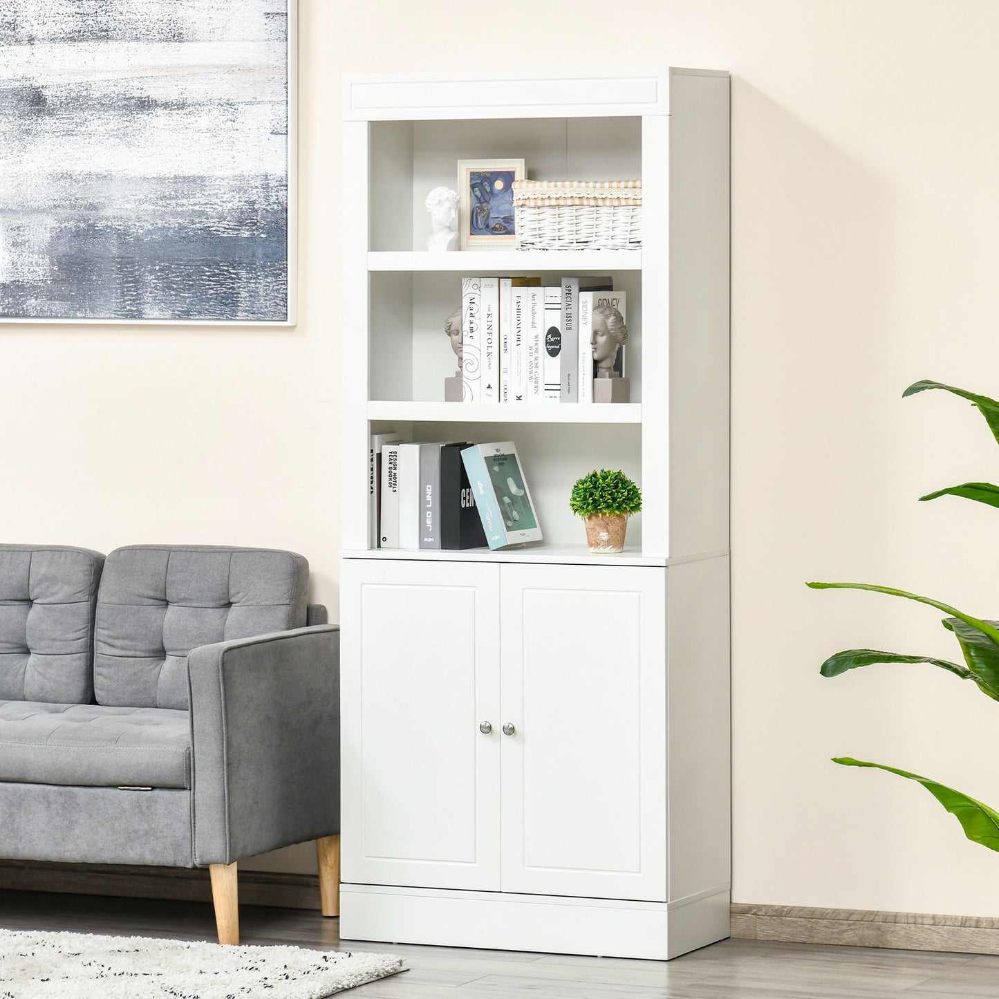 72" Kitchen Buffet with Hutch, Freestanding Cupboard, Pantry with 6-Tier Shelving, 2 Doors Cabinet with Adjustable Shelves, White, Wood Grain