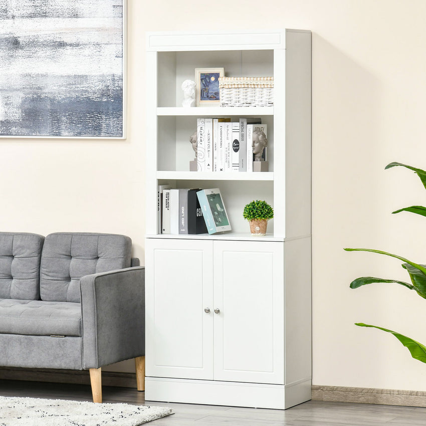 72" Kitchen Buffet with Hutch, Freestanding Cupboard, Pantry with 6-Tier Shelving, 2 Doors Cabinet with Adjustable Shelves, White, Wood Grain