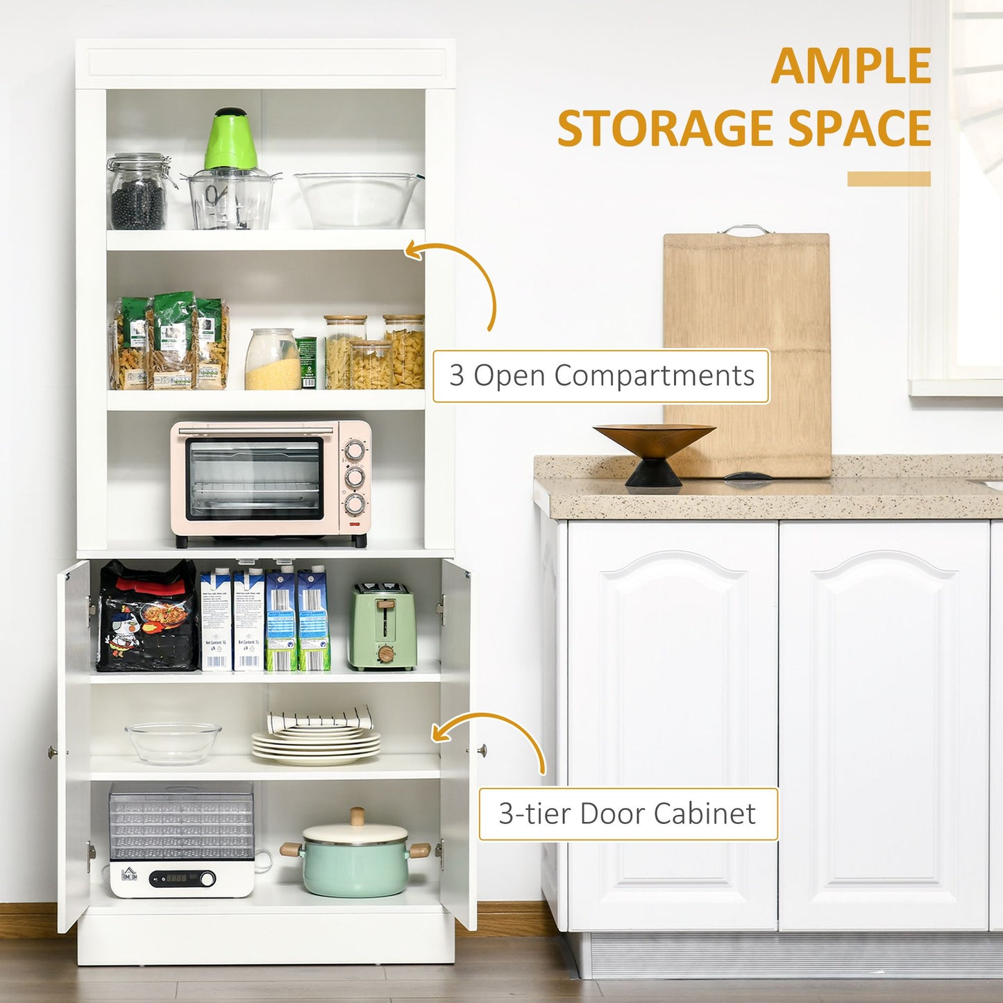 72" Kitchen Buffet with Hutch, Freestanding Cupboard, Pantry with 6-Tier Shelving, 2 Doors Cabinet with Adjustable Shelves, White, Wood Grain