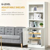 72" Kitchen Buffet with Hutch, Freestanding Cupboard, Pantry with 6-Tier Shelving, 2 Doors Cabinet with Adjustable Shelves, White, Wood Grain