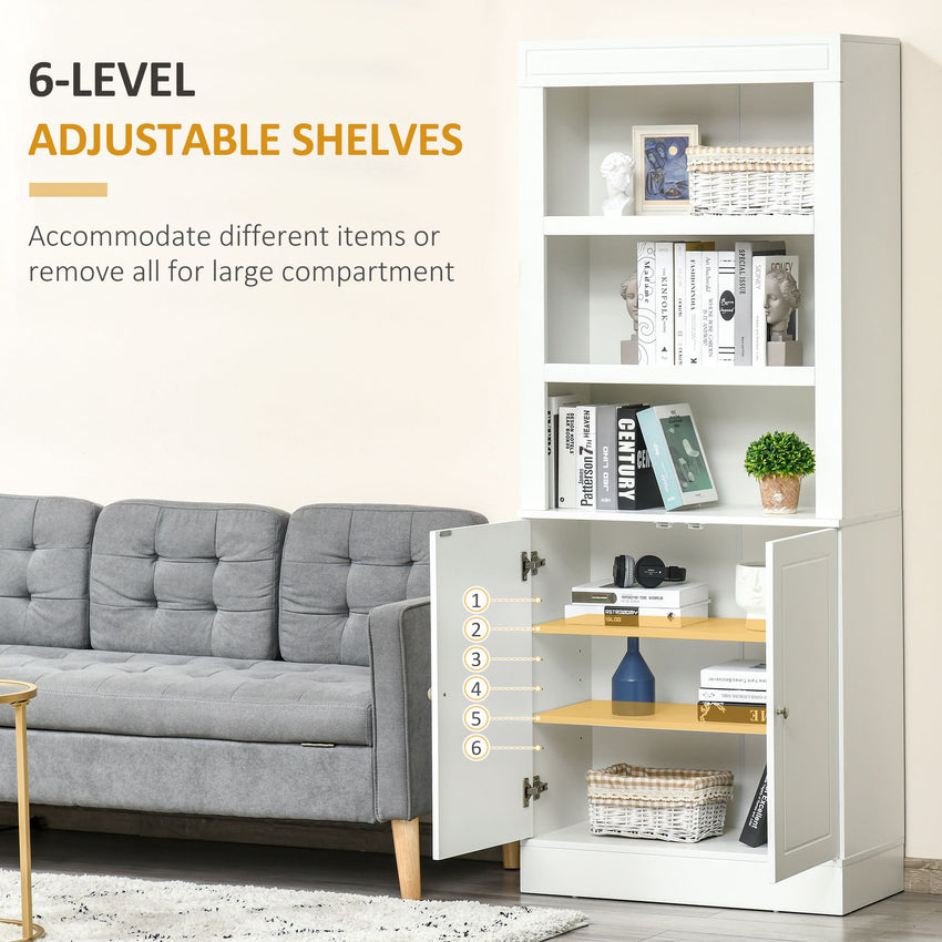 72" Kitchen Buffet with Hutch, Freestanding Cupboard, Pantry with 6-Tier Shelving, 2 Doors Cabinet with Adjustable Shelves, White, Wood Grain