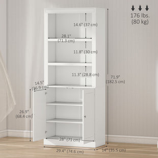 72" Kitchen Buffet with Hutch, Freestanding Cupboard, Pantry with 6-Tier Shelving, 2 Doors Cabinet with Adjustable Shelves, White, Wood Grain