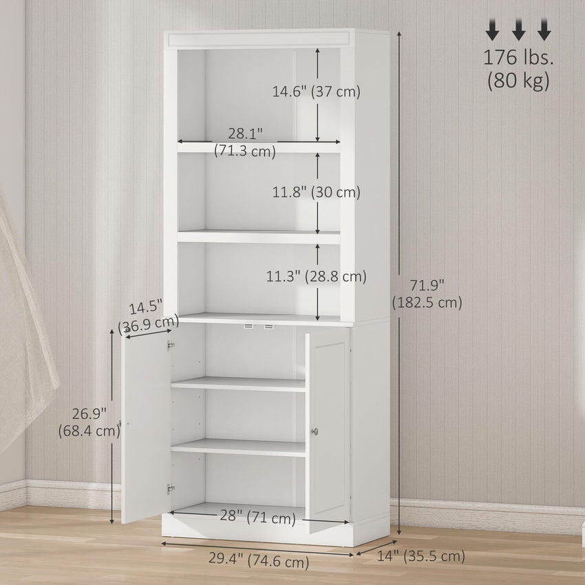 72" Kitchen Buffet with Hutch, Freestanding Cupboard, Pantry with 6-Tier Shelving, 2 Doors Cabinet with Adjustable Shelves, White, Wood Grain