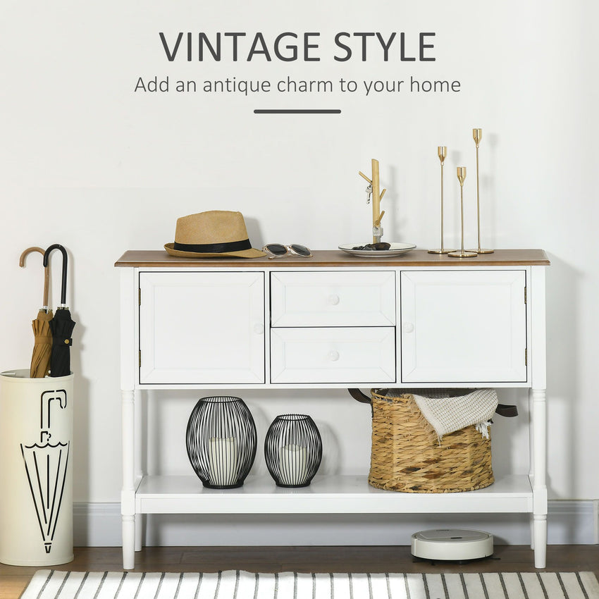 Vintage Console Table with 2 Drawers and Cabinets, Retro Sofa Table for Entryway, Living Room and Bedroom, White