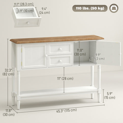 Vintage Console Table with 2 Drawers and Cabinets, Retro Sofa Table for Entryway, Living Room and Bedroom, White