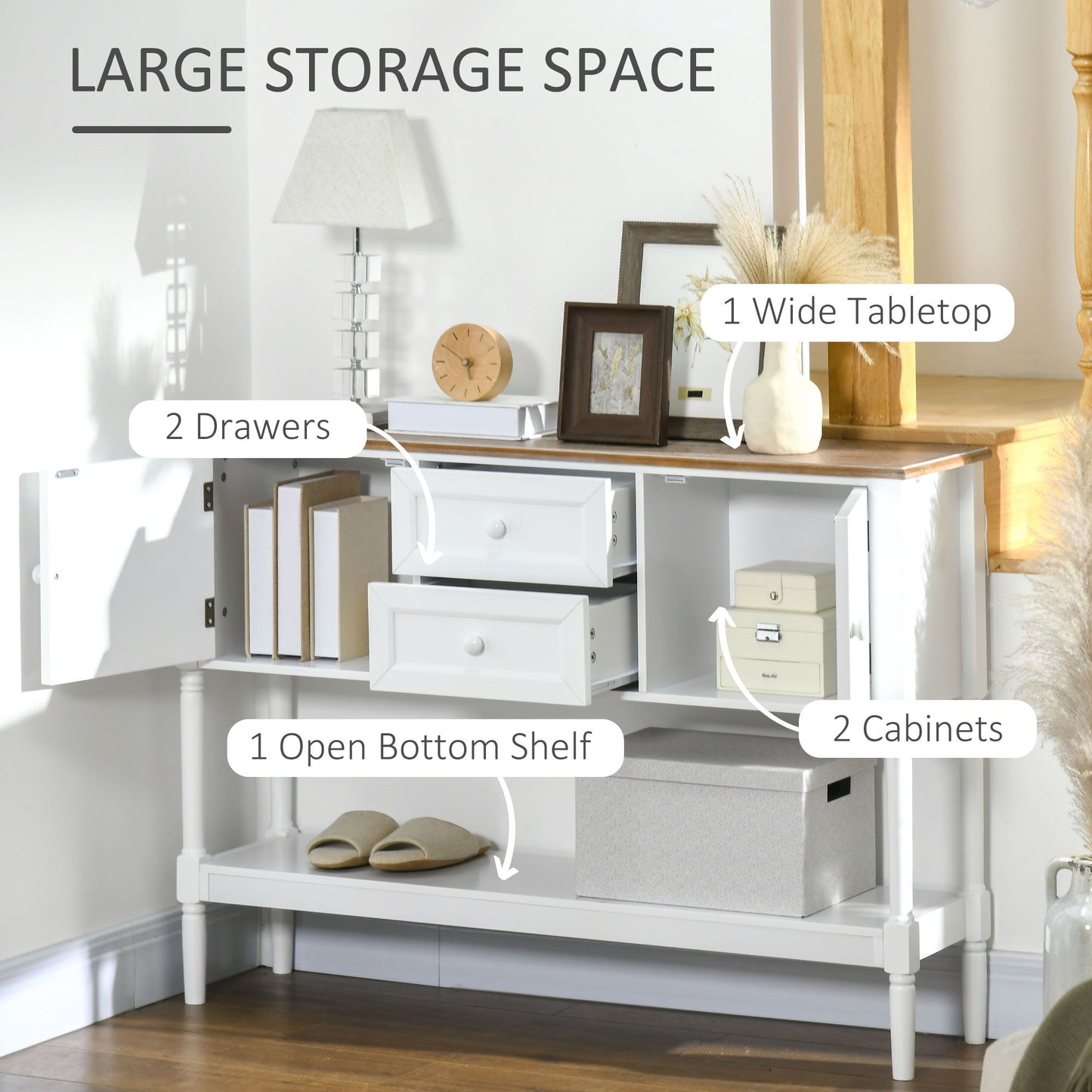 Vintage Console Table with 2 Drawers and Cabinets, Retro Sofa Table for Entryway, Living Room and Bedroom, White