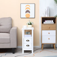Slim End Table with 2 Drawers and Storage Shelf, Sofa Side Table for Living Room, Narrow Nightstand, White