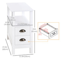 Slim End Table with 2 Drawers and Storage Shelf, Sofa Side Table for Living Room, Narrow Nightstand, White