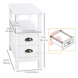 Slim End Table with 2 Drawers and Storage Shelf, Sofa Side Table for Living Room, Narrow Nightstand, White