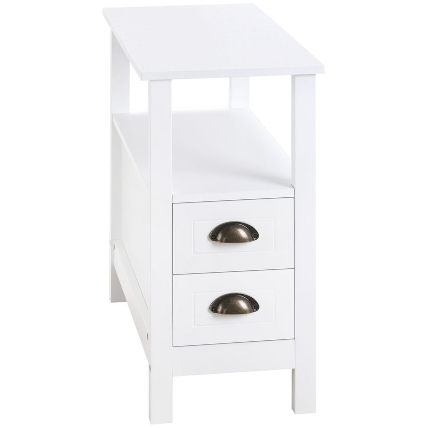 Slim End Table with 2 Drawers and Storage Shelf, Sofa Side Table for Living Room, Narrow Nightstand, White