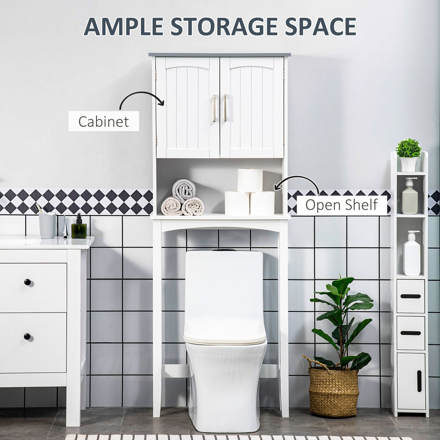 Modern Over The Toilet Storage Cabinet, Double Door Over Toilet Bathroom Organizer with Adjustable Shelf and Open Shelf, Space Saver, White