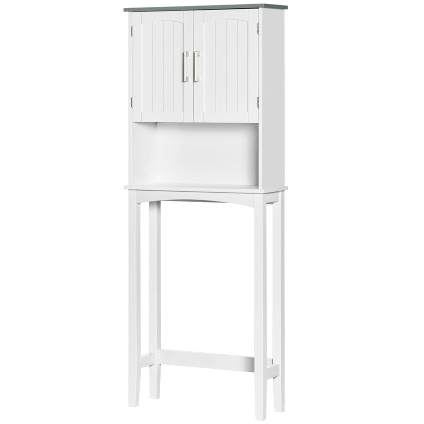 Modern Over The Toilet Storage Cabinet, Double Door Over Toilet Bathroom Organizer with Adjustable Shelf and Open Shelf, Space Saver, White