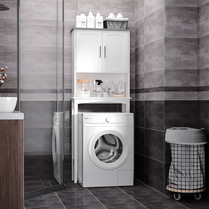 Modern Over The Toilet Storage Cabinet, Double Door Over Toilet Bathroom Organizer with Adjustable Shelf and Open Shelf, Space Saver, White