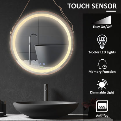 24'' Round Led Bathroom Mirror, Dimmable Anti Fog Wall-Mounted Mirror with 3 Temperature Colors, Plug-in, Rose Gold