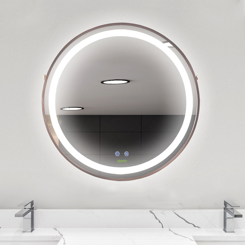 24'' Round Led Bathroom Mirror, Dimmable Anti Fog Wall-Mounted Mirror with 3 Temperature Colors, Plug-in, Rose Gold