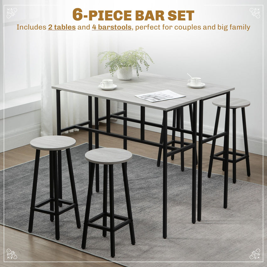 Bar Table Set of 6, Bar Table and Stools for 4, 2 Breakfast Tables and 4 Stools for Living Room, Dining Room, Grey