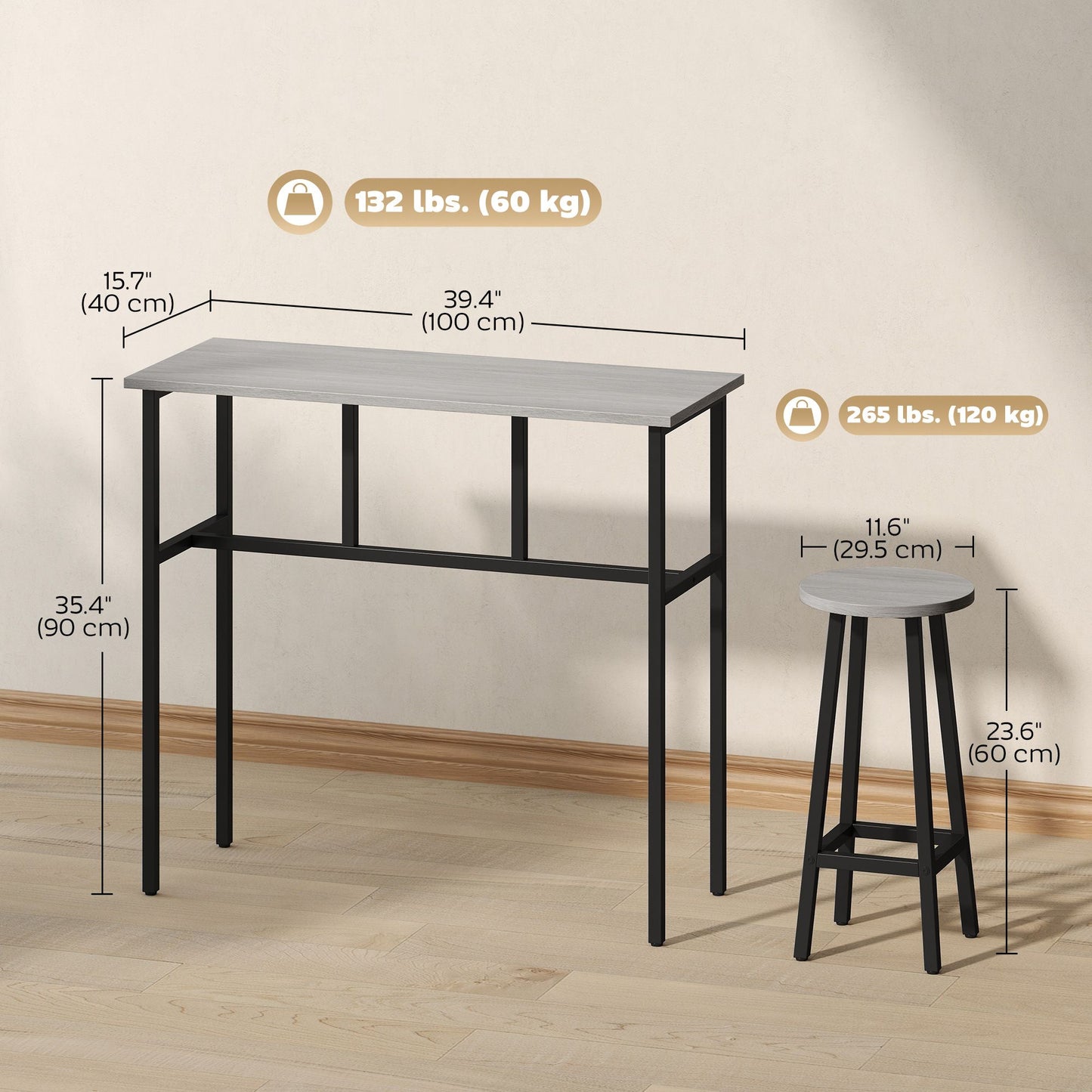Bar Table Set of 6, Bar Table and Stools for 4, 2 Breakfast Tables and 4 Stools for Living Room, Dining Room, Grey