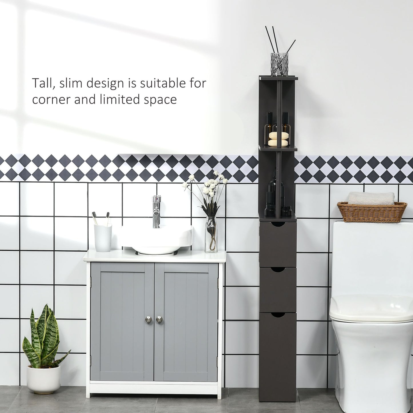 Tall Bathroom Storage Cabinet, Narrow Bathroom Cabinet with Drawers and Open Shelves for Small Spaces, Brown
