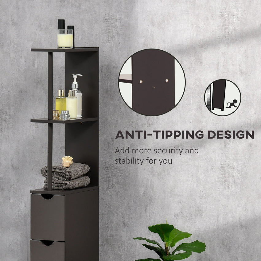 Tall Bathroom Storage Cabinet, Narrow Bathroom Cabinet with Drawers and Open Shelves for Small Spaces, Brown