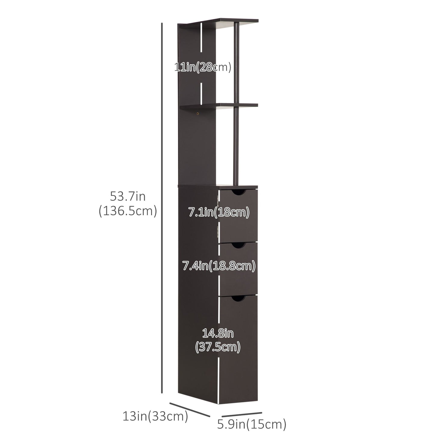 Tall Bathroom Storage Cabinet, Narrow Bathroom Cabinet with Drawers and Open Shelves for Small Spaces, Brown