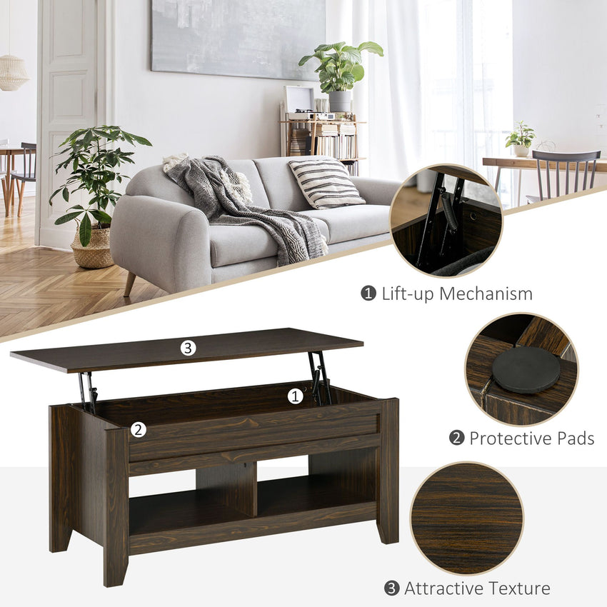 Lift Top Coffee Table with Hidden Storage Compartment and Open Shelves, Lift Tabletop Pop-Up Center Table for Living Room, Dark Walnut