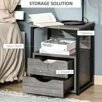 Nightstand with 2 Drawers, Industrial Side Table with Storage Shelf, Accent End Table for Bedroom, Living Room, Grey