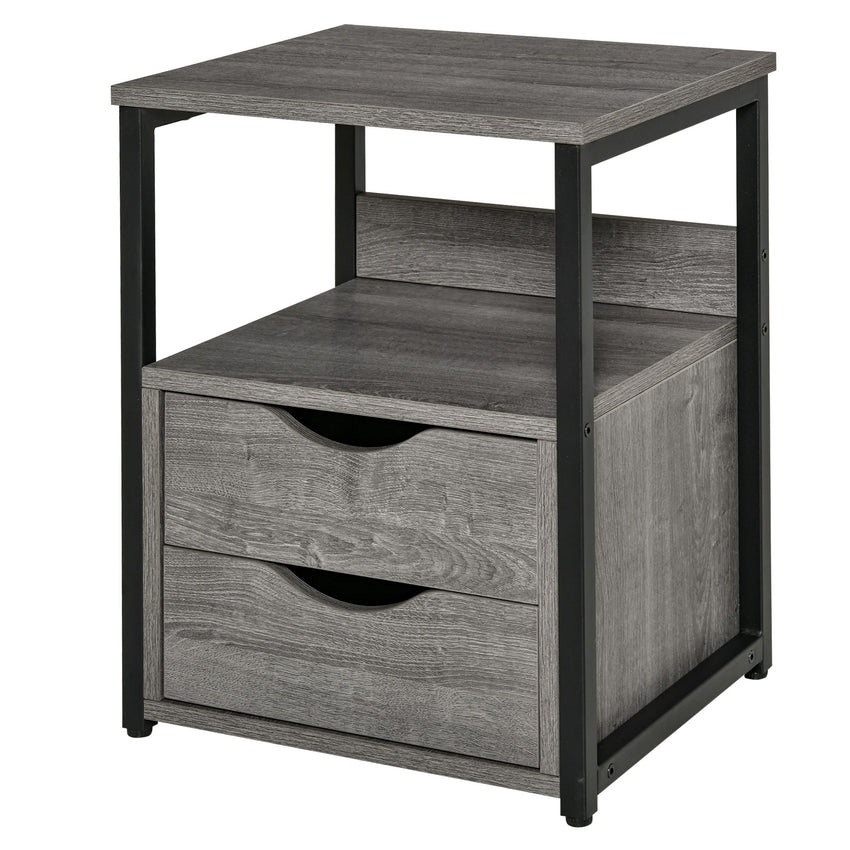 Nightstand with 2 Drawers, Industrial Side Table with Storage Shelf, Accent End Table for Bedroom, Living Room, Grey