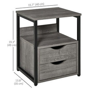 Nightstand with 2 Drawers, Industrial Side Table with Storage Shelf, Accent End Table for Bedroom, Living Room, Grey