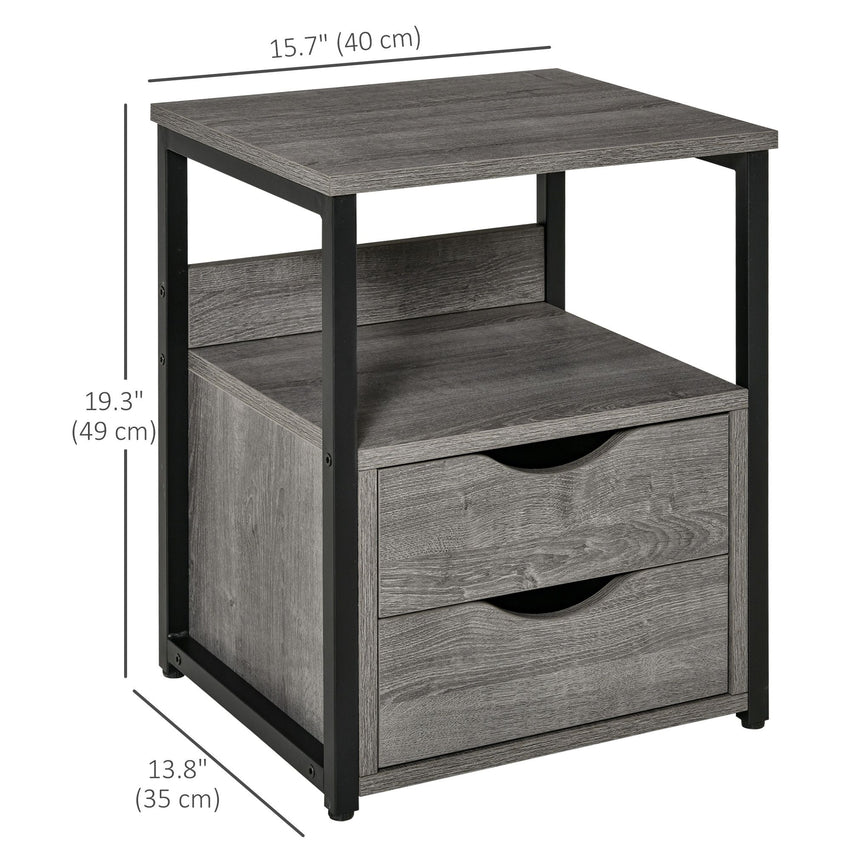 Nightstand with 2 Drawers, Industrial Side Table with Storage Shelf, Accent End Table for Bedroom, Living Room, Grey