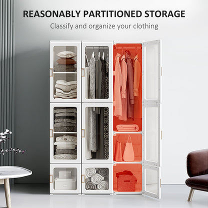 Portable Wardrobe Closet, Bedroom Armoire, Foldable Clothes Organizer with Cube Storage, Hanging Rods, Magnet Doors, White