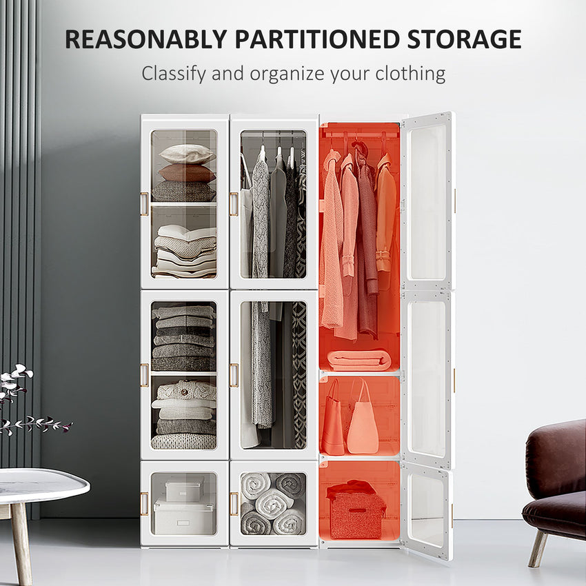 Portable Wardrobe Closet, Bedroom Armoire, Foldable Clothes Organizer with Cube Storage, Hanging Rods, Magnet Doors, White