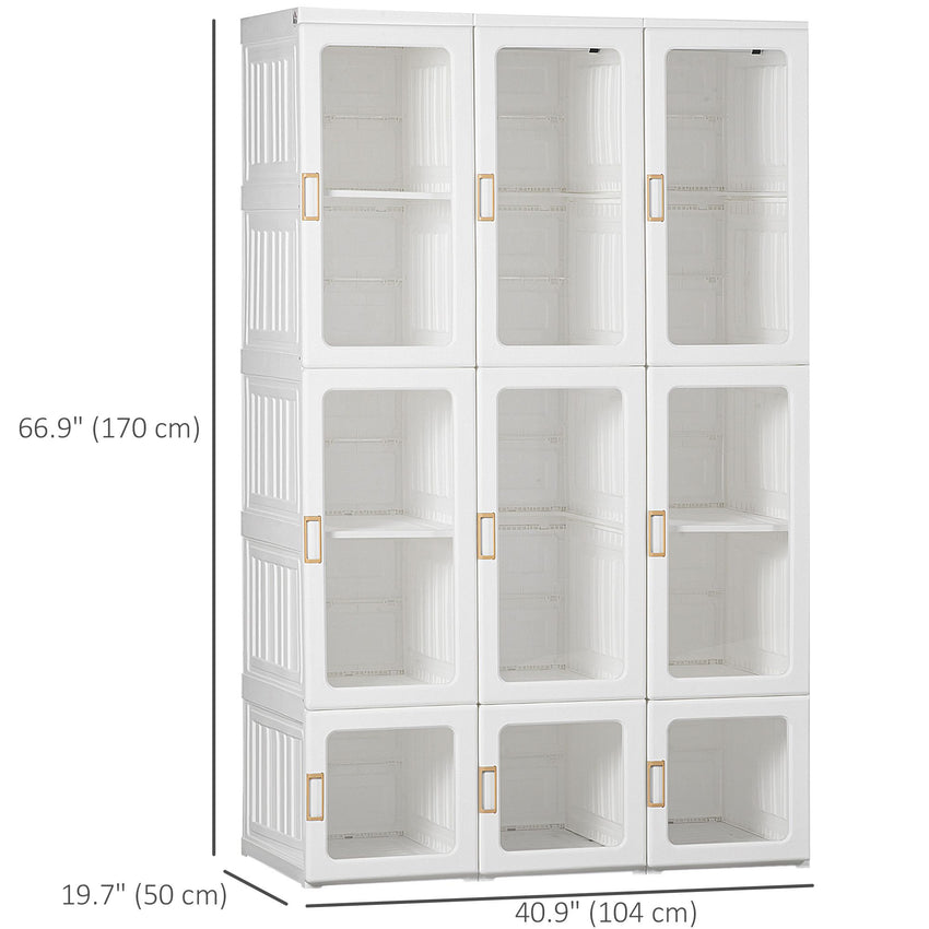 Portable Wardrobe Closet, Bedroom Armoire, Foldable Clothes Organizer with Cube Storage, Hanging Rods, Magnet Doors, White