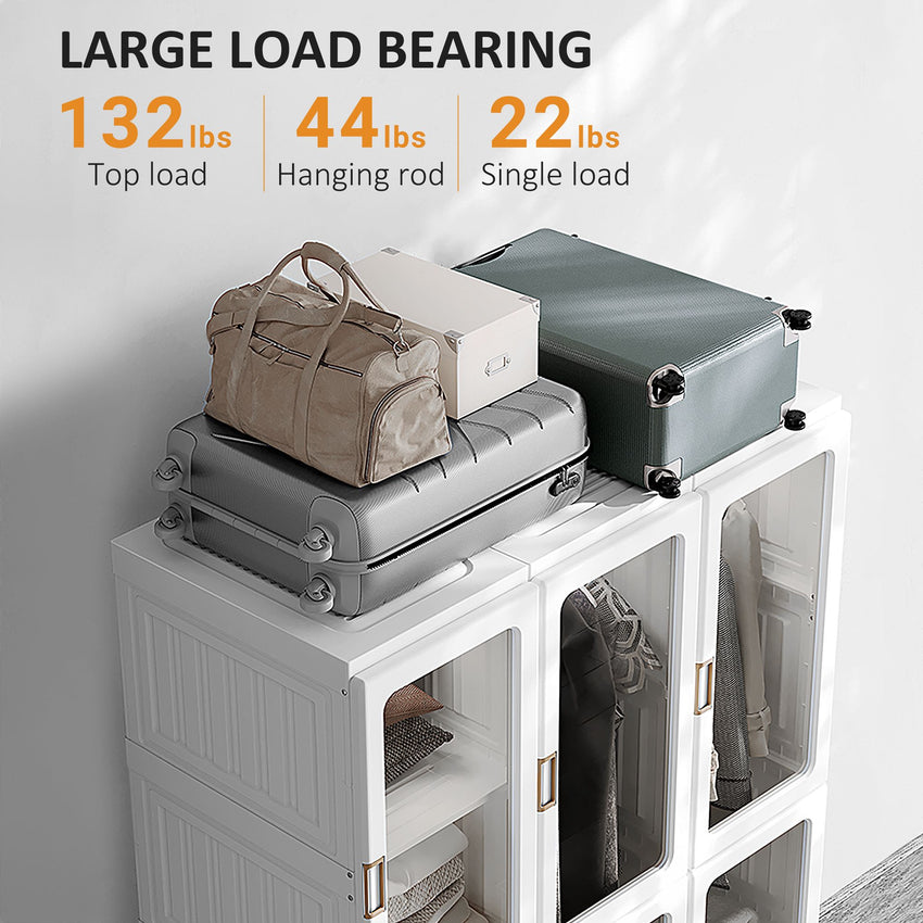 Portable Wardrobe Closet, Bedroom Armoire, Foldable Clothes Organizer with Cube Storage, Hanging Rods, Magnet Doors, White