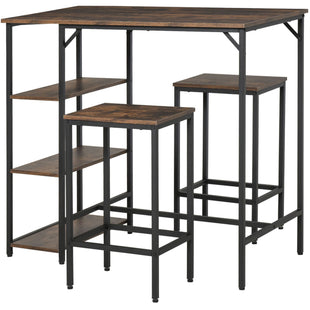 Industrial Dining Table Set for 2, Bar Table and Stools Set, Counter Height Kitchen Table with Chairs with Storage Shelf, Rustic Brown