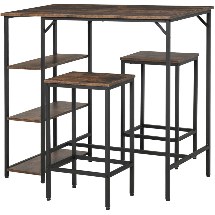 Industrial Dining Table Set for 2, Bar Table and Stools Set, Counter Height Kitchen Table with Chairs with Storage Shelf, Rustic Brown