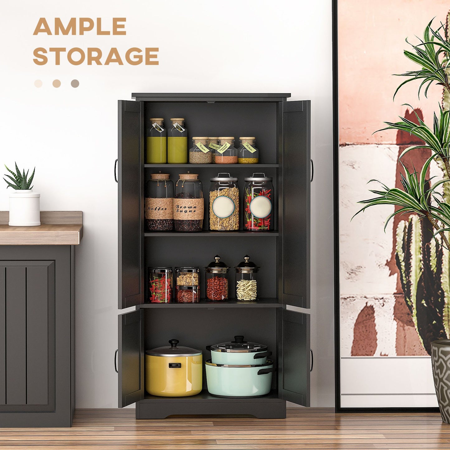 48" 4-Door Storage Cabinet Multi-Storey Large Space Pantry with Adjustable Shelves Black