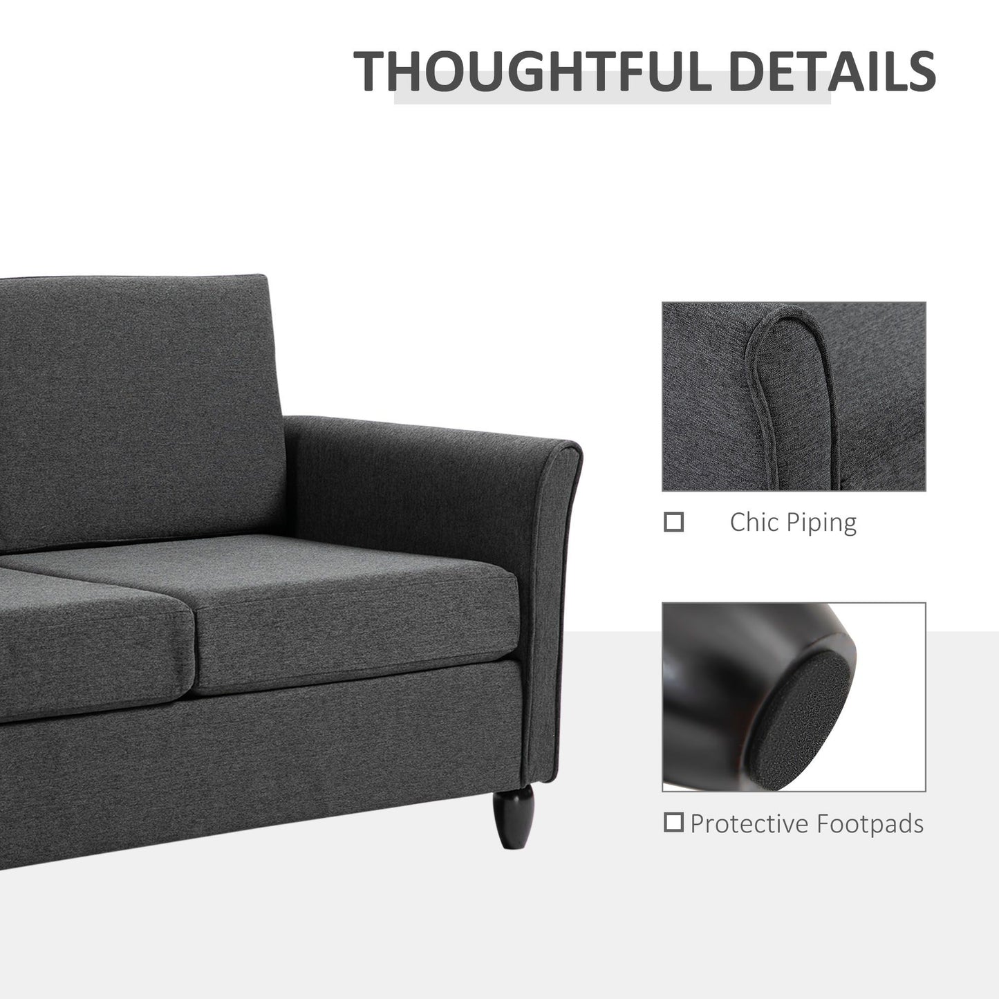 2-Seat Sofa Two-Seater Couch with Armrests and Wood Legs for Living Room, Bedroom, Dark Grey
