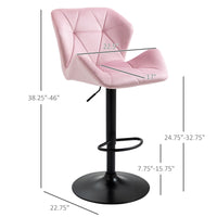 Velvet-Touch Bar Stool Set of 2 Fabric Adjustable Height Armless Counter Chairs with Swivel Seat, Pink