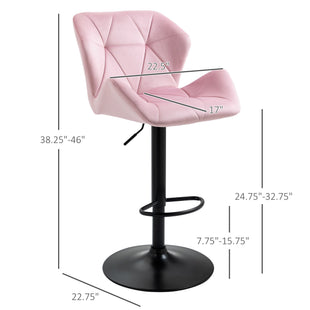 Velvet-Touch Bar Stool Set of 2 Fabric Adjustable Height Armless Counter Chairs with Swivel Seat, Pink