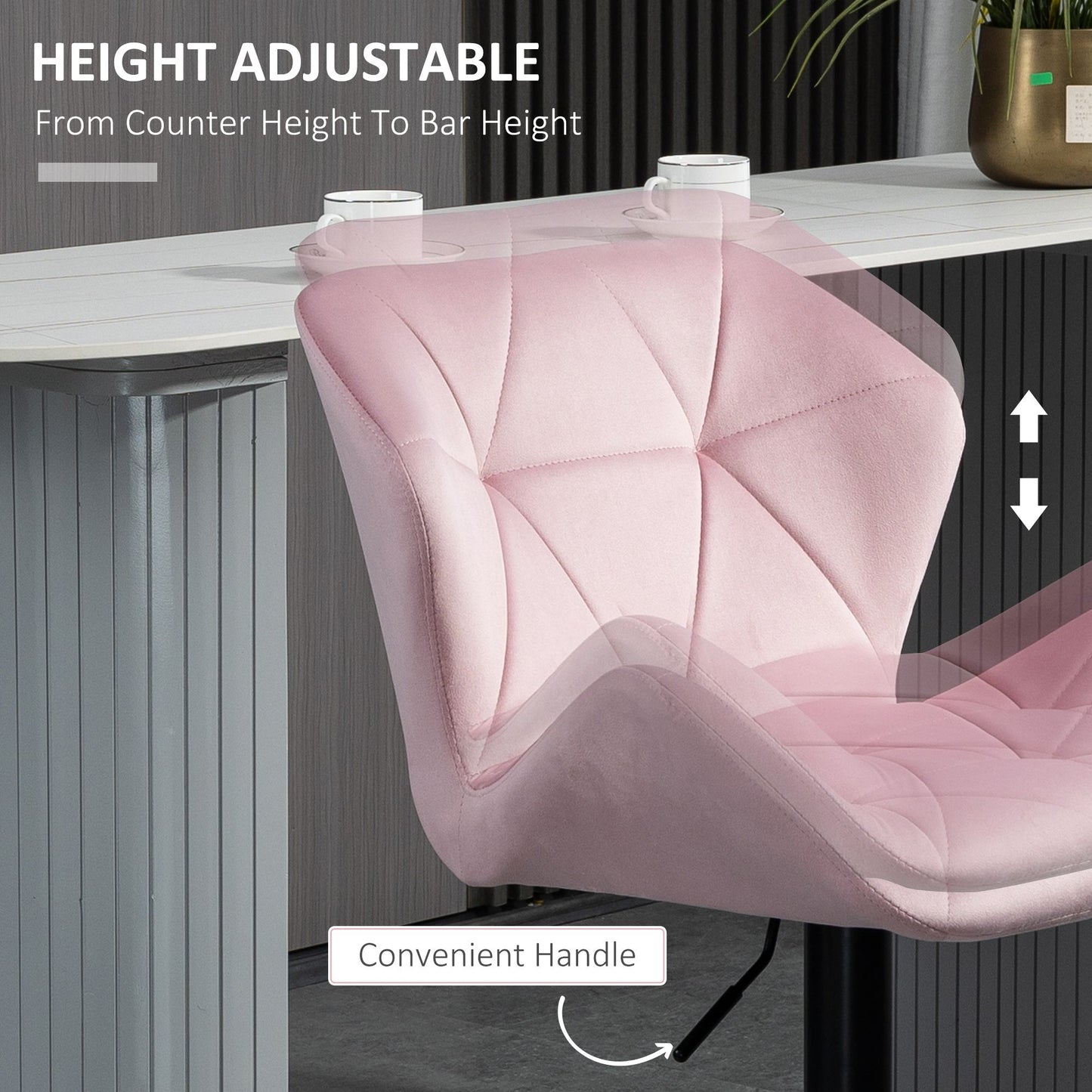 Velvet-Touch Bar Stool Set of 2 Fabric Adjustable Height Armless Counter Chairs with Swivel Seat, Pink