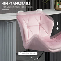 Velvet-Touch Bar Stool Set of 2 Fabric Adjustable Height Armless Counter Chairs with Swivel Seat, Pink