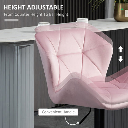 Velvet-Touch Bar Stool Set of 2 Fabric Adjustable Height Armless Counter Chairs with Swivel Seat, Pink