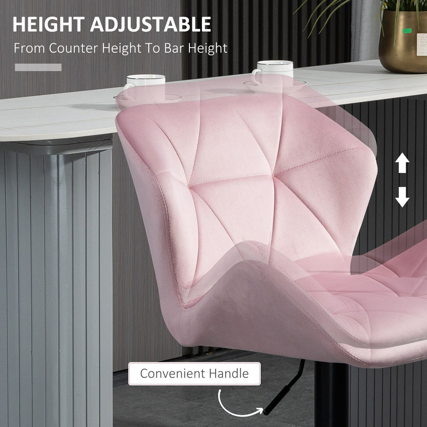 Velvet-Touch Bar Stool Set of 2 Fabric Adjustable Height Armless Counter Chairs with Swivel Seat, Pink