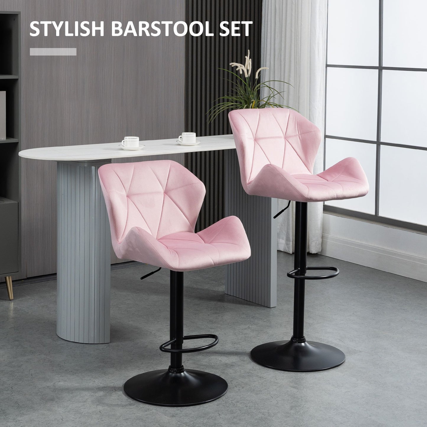 Velvet-Touch Bar Stool Set of 2 Fabric Adjustable Height Armless Counter Chairs with Swivel Seat, Pink
