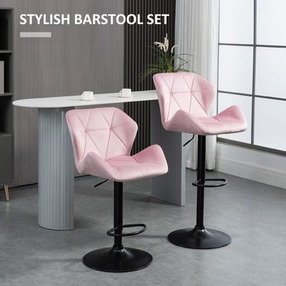 Velvet-Touch Bar Stool Set of 2 Fabric Adjustable Height Armless Counter Chairs with Swivel Seat, Pink