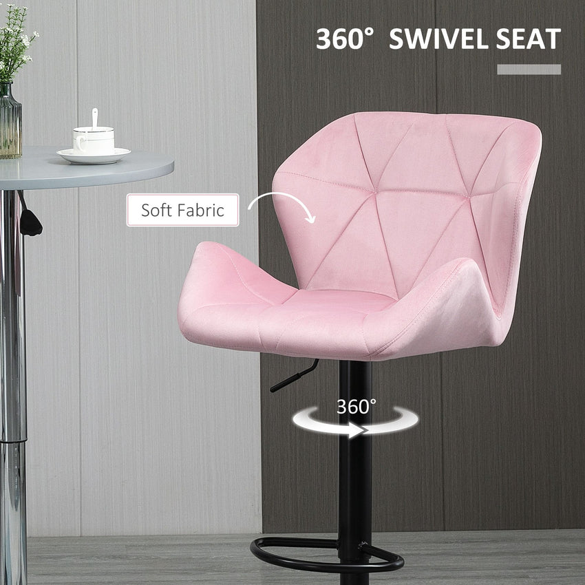 Velvet-Touch Bar Stool Set of 2 Fabric Adjustable Height Armless Counter Chairs with Swivel Seat, Pink