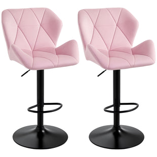 Velvet-Touch Bar Stool Set of 2 Fabric Adjustable Height Armless Counter Chairs with Swivel Seat, Pink