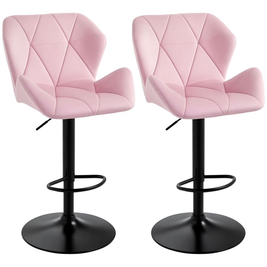 Velvet-Touch Bar Stool Set of 2 Fabric Adjustable Height Armless Counter Chairs with Swivel Seat, Pink