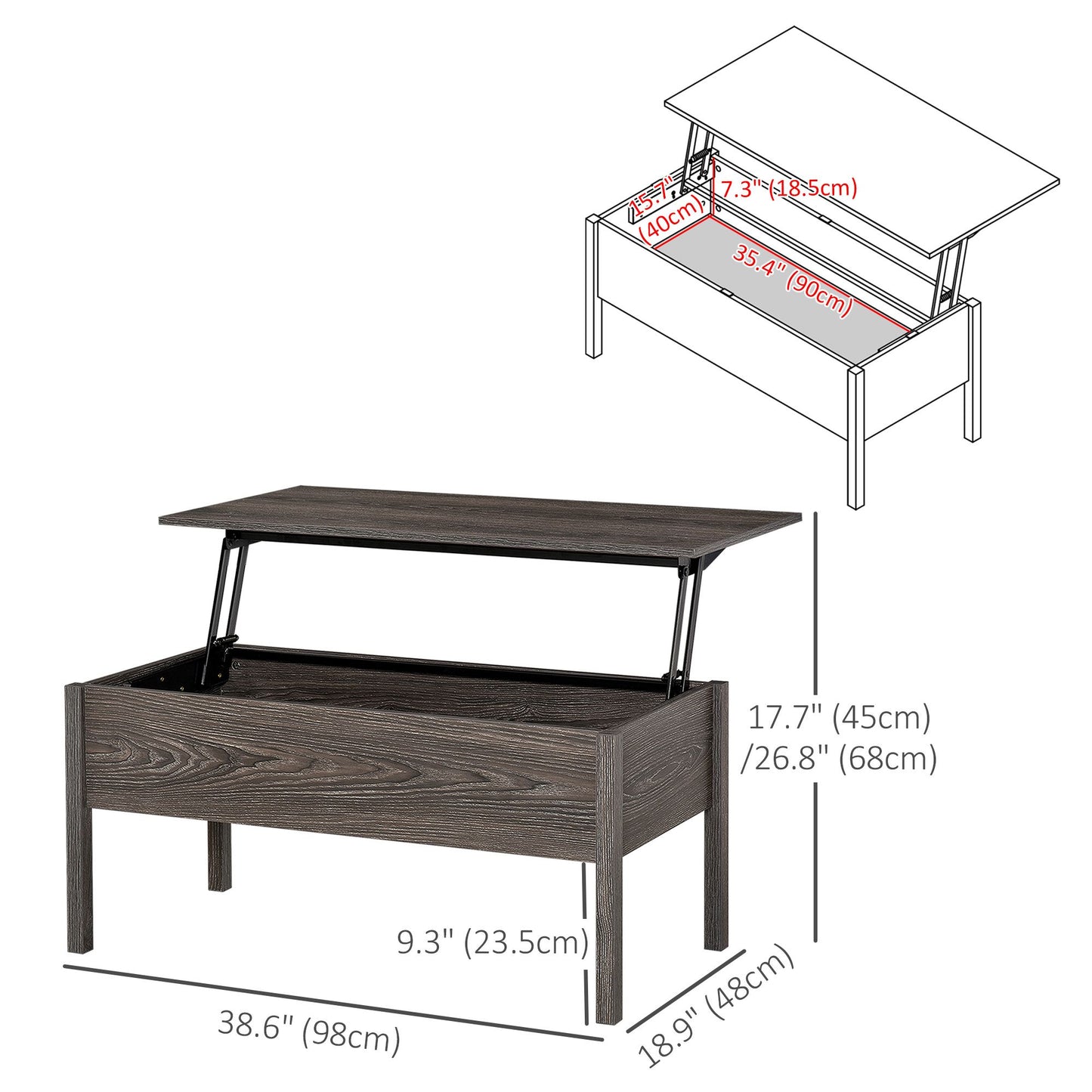 39" Modern Lift Top Coffee Table with Hidden Storage Compartment, Center Table for Living Room, Grey