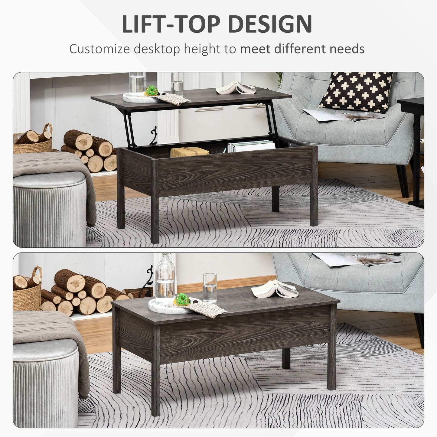 39" Modern Lift Top Coffee Table with Hidden Storage Compartment, Center Table for Living Room, Grey